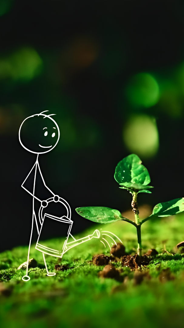 Stick Figure Watering a Young Plant on Mossy Ground