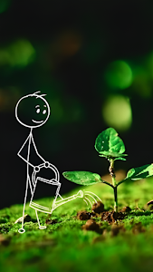 Stick Figure Watering a Young Plant on Mossy Ground