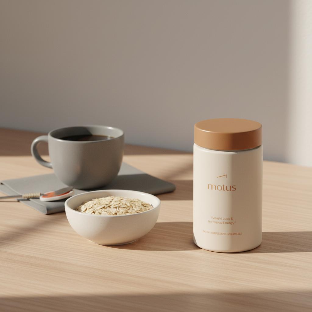 Tonum Motus container on a light wooden counter beside a bowl of oats and a cup of coffee in soft morning light, minimalist Tonum palette, product placed tactfully — appetite suppressant supplements