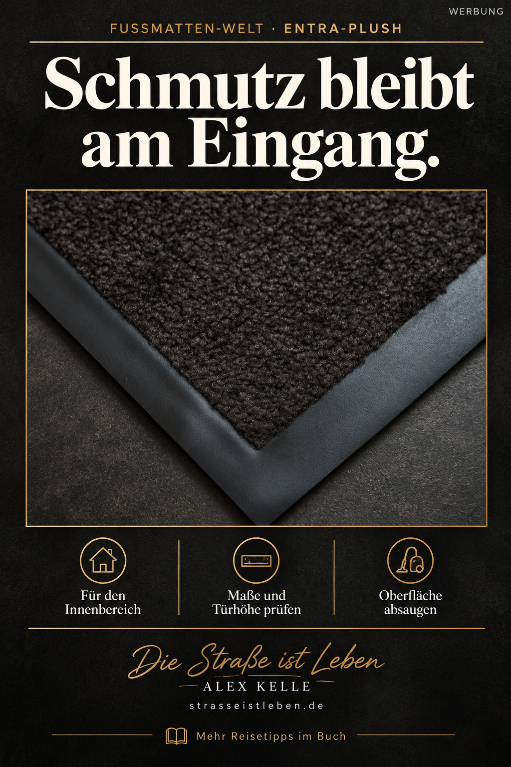 Nahaufnahme der Entra-Plush Eingangsmatte: Schmutz bleibt am Eingang; für Innenbereiche, Maße und Türhöhe prüfen.