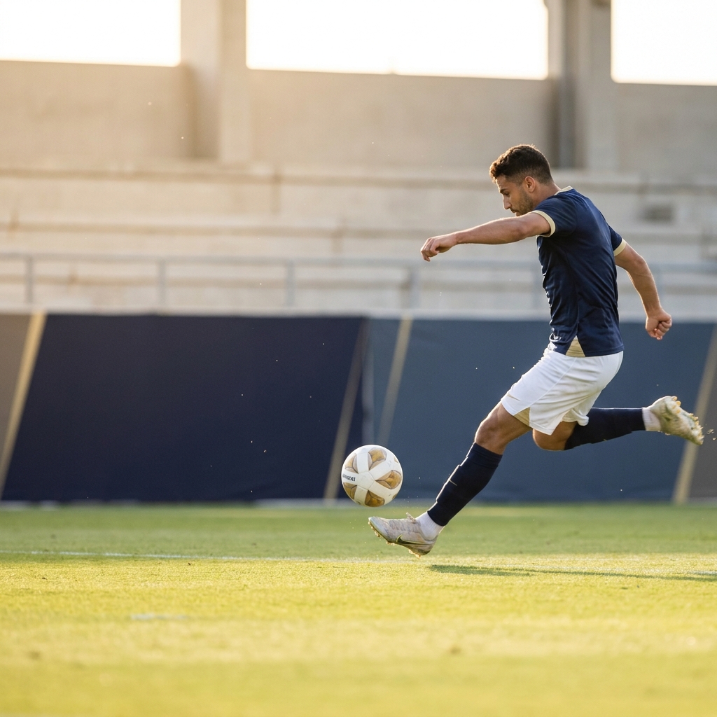 Action photograph of a winger delivering a driven cross into the penalty area creating a high tempo chance minimalist stadium background in Funded Plays palette athletic bilbao prediction