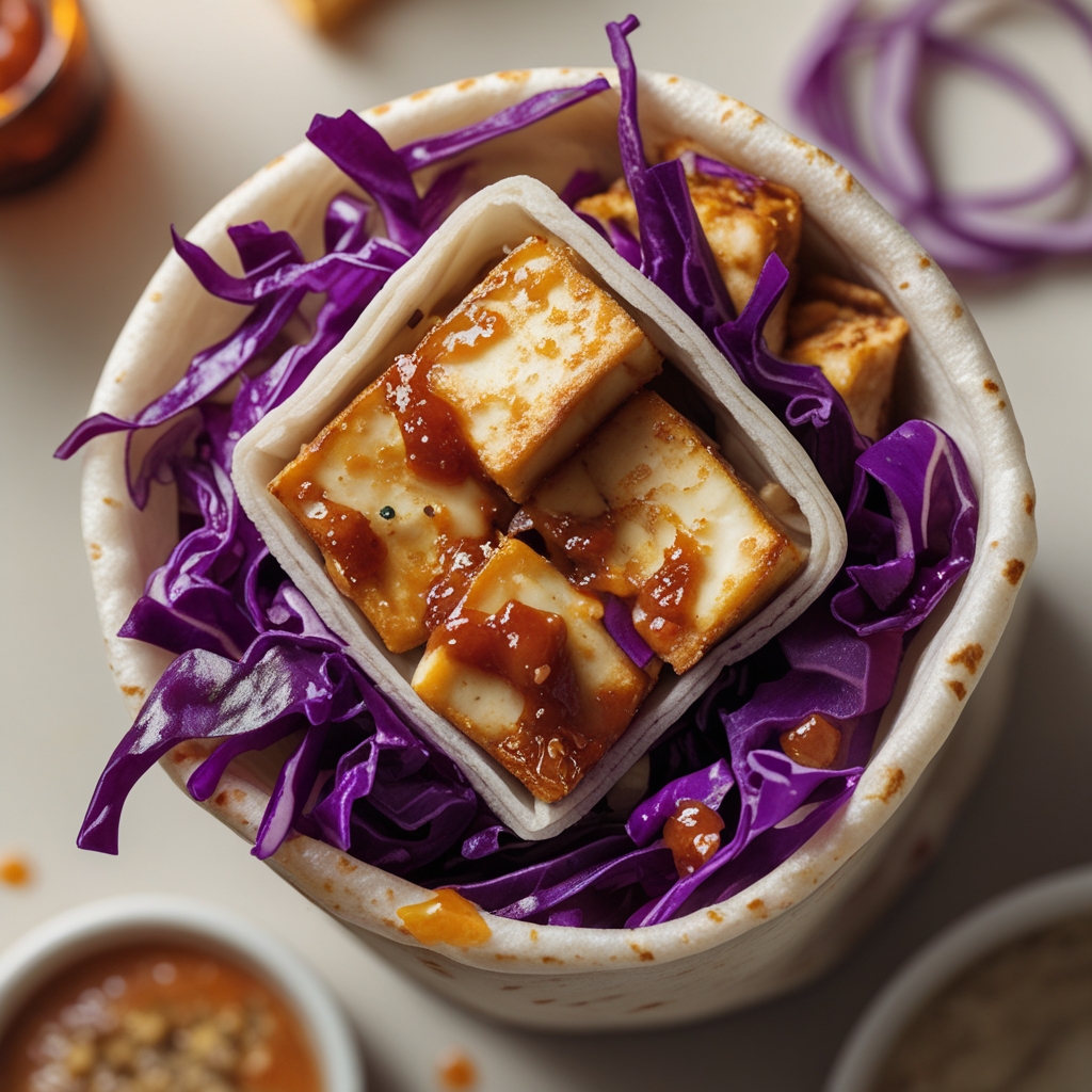Final Crispy Sambal Tofu & Purple Cabbage Power Wraps with Creamy Sesame-Lime Slaw