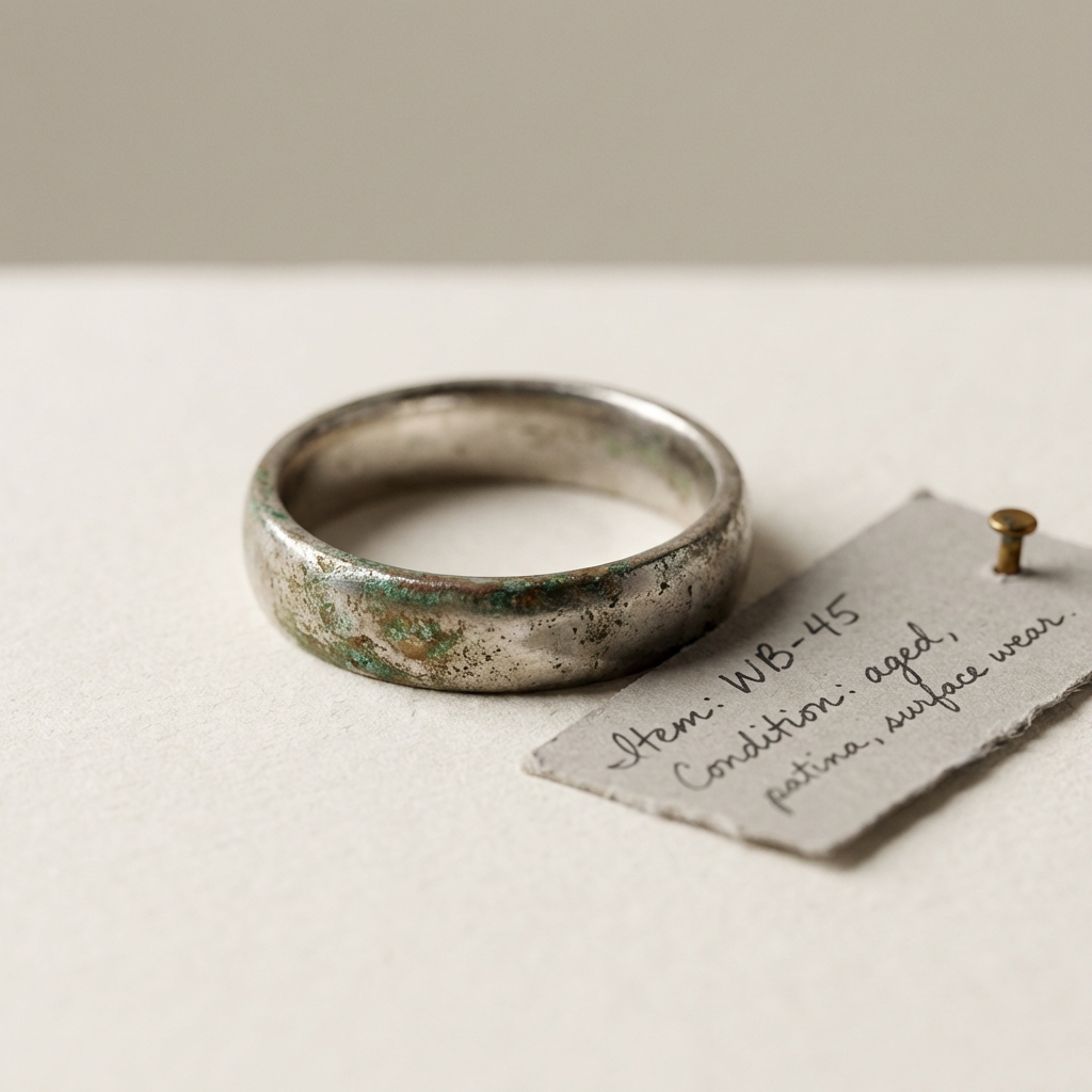 Close up of an ancient wedding band with visible patina beside a small condition card on a neutral ede7da background in a minimalist Aurora Antiqua style