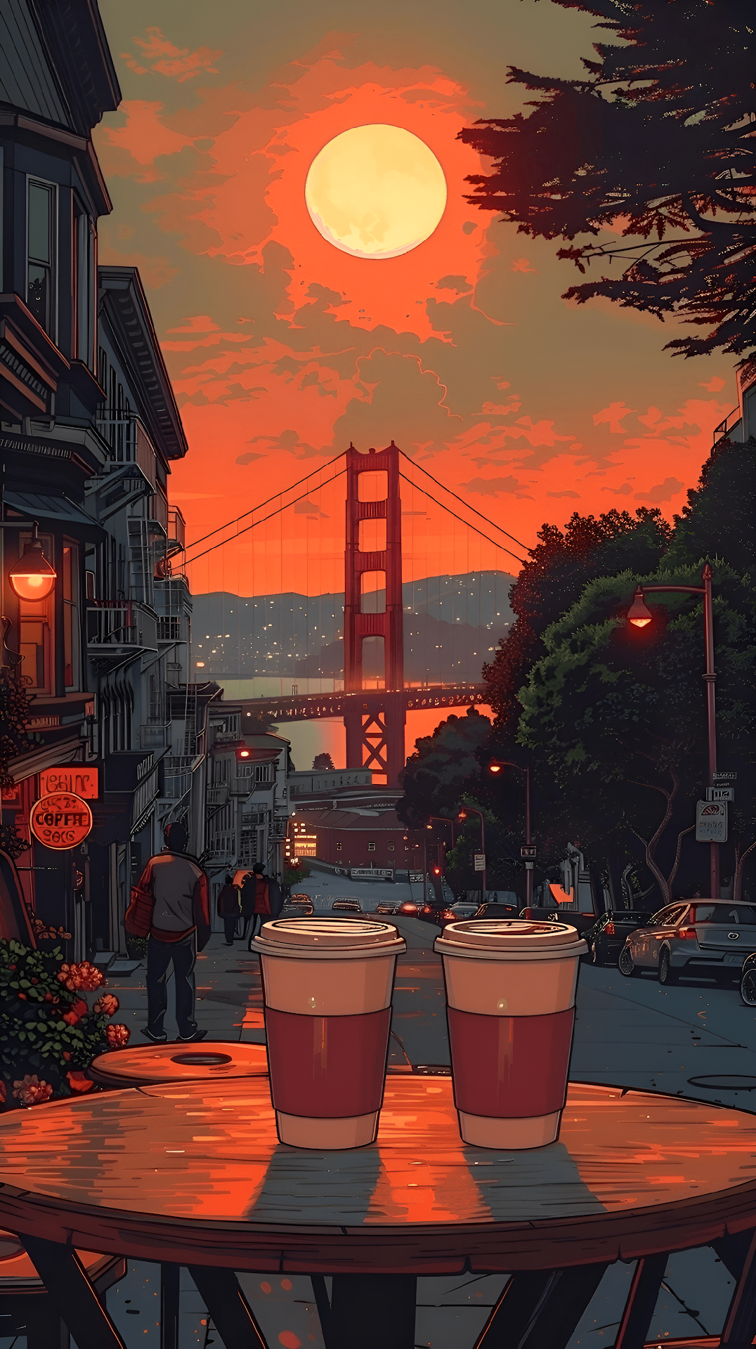 San Francisco Golden Gate Sunset, Coffee Date Cityscape Art - Free 4K mobile Wallpaper