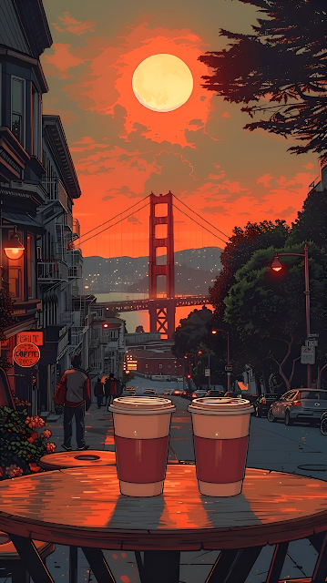 San Francisco Golden Gate Sunset, Coffee Date Cityscape Art - Free mobile Wallpaper