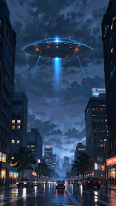 UFO Hovering Over Rainy City Street at Night with Blue Beam