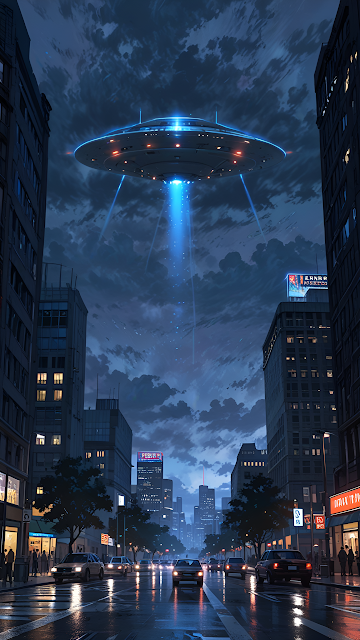 UFO Hovering Over Rainy City Street at Night with Blue Beam - Free mobile Wallpaper