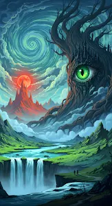 Surreal Fantasy Landscape with Giant Eye Tree Castle