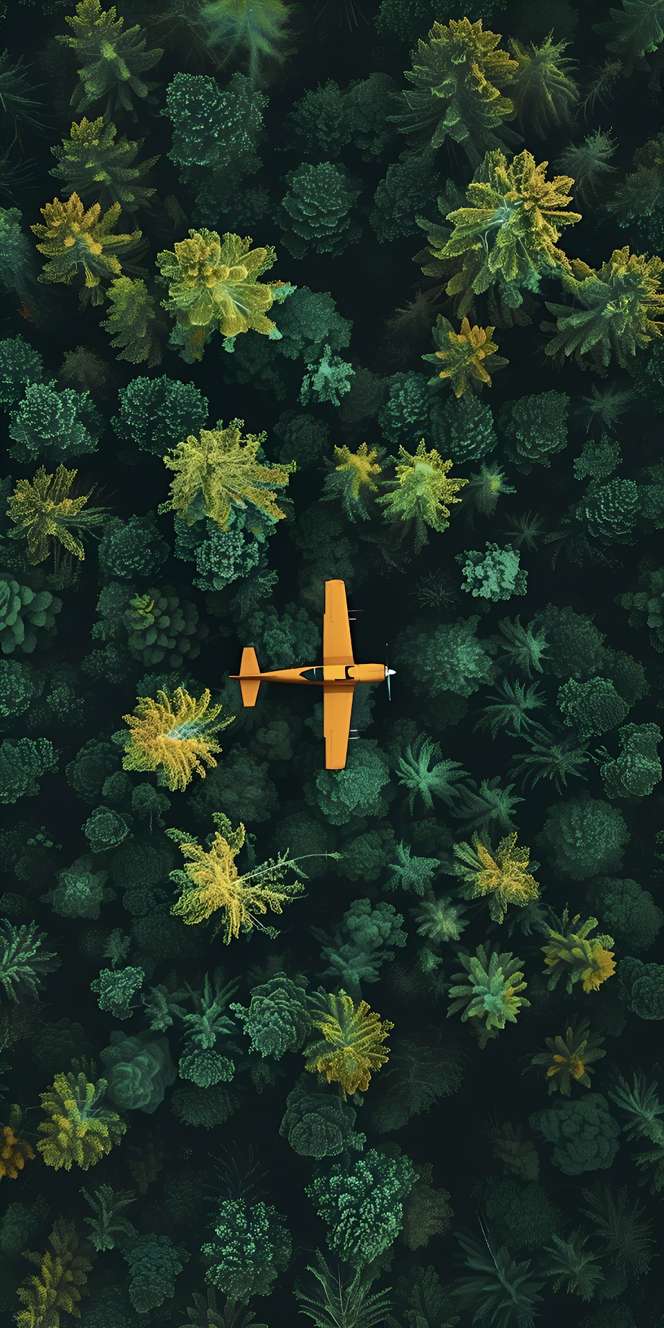 Orange Propeller Plane Flying Over Dark Forest Canopy - Free 4K mobile Wallpaper