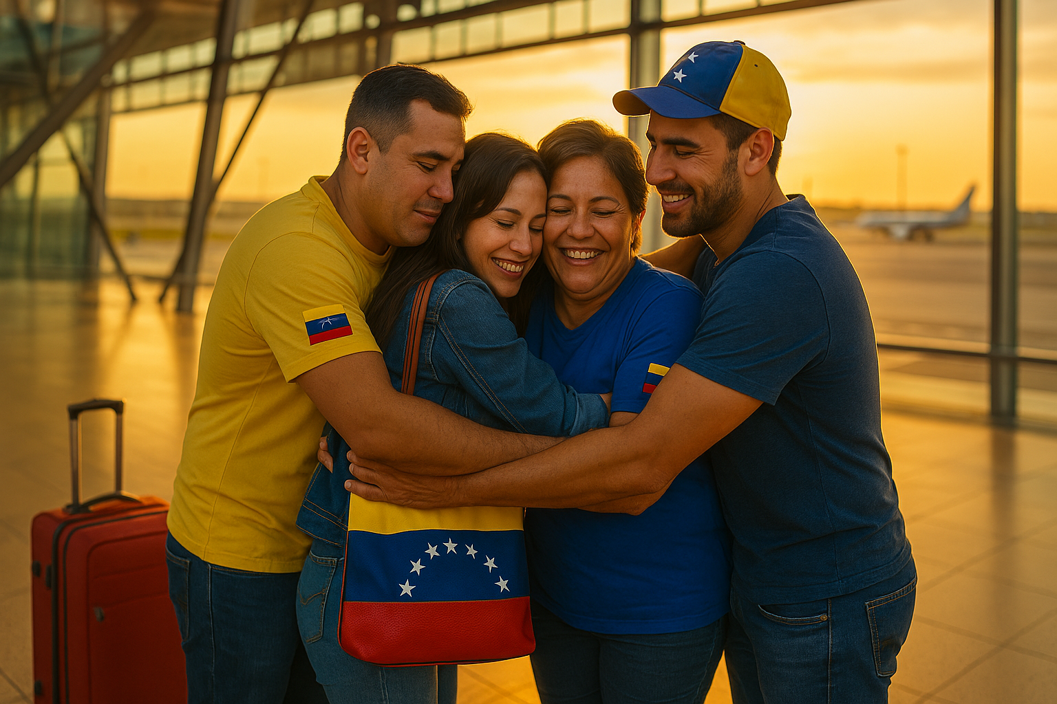 Venezolanos de distintas edades se abrazan en un aeropuerto, con maletas y luz cálida.