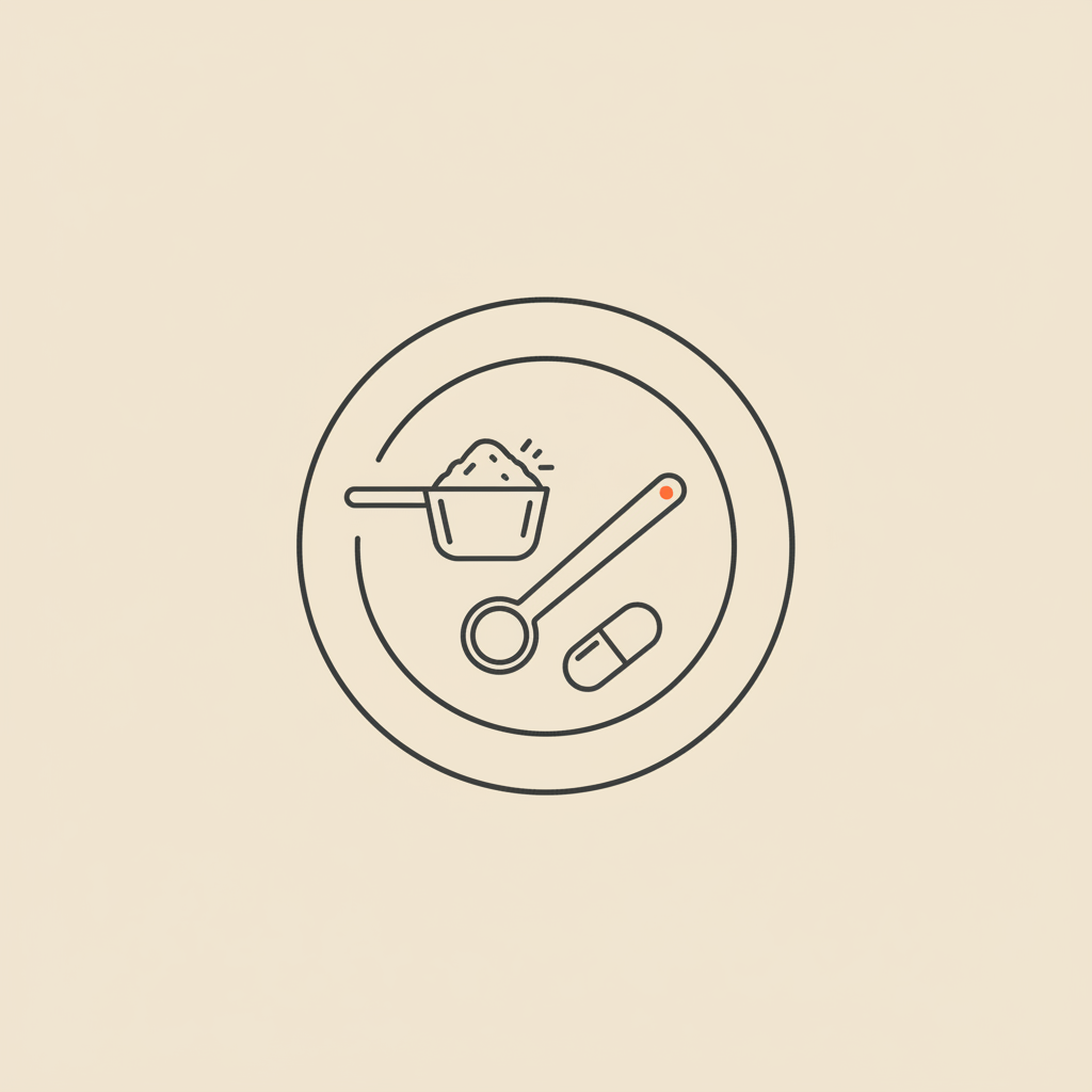 Minimalist vector line illustration of a plate with a scoop, measuring spoon and capsule on beige background, representing meal replacement shakes for weight loss