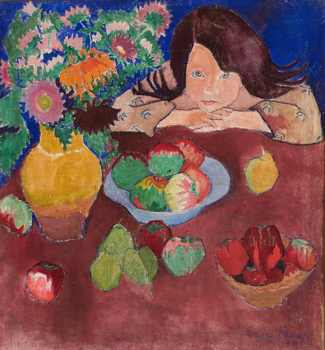 Little girl at a table with fruit 1908