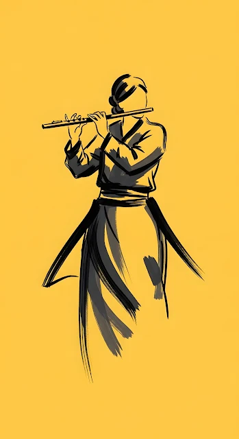Minimalist Ink Brush Flute Player Illustration