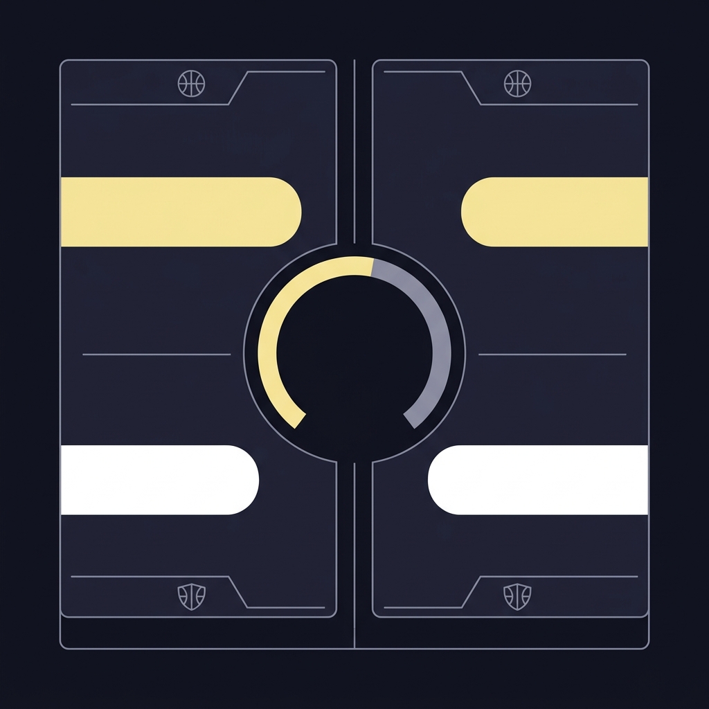 Minimalist 2D vector split OffRtg and DefRtg bars for Lakers and Pelicans with center pace indicator using Funded Plays colors lakers pelicans prediction