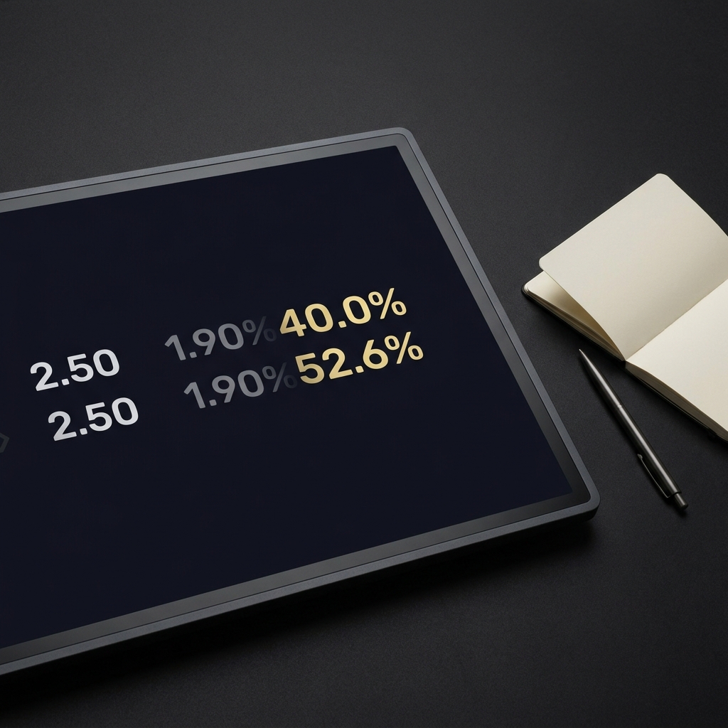 Close up of a minimalist odds converter interface showing numerical odds converting into percentages with a small notebook and pen nearby how odds reflect new information
