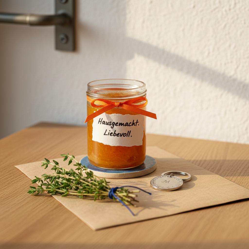 Nahaufnahme typische gastgeschenke deutschland: Glas hausgemachte Marmelade mit handgeschriebenem Etikett, gravierter Metall-Schlüsselanhänger auf Kraftpapier und frische Kräuter.