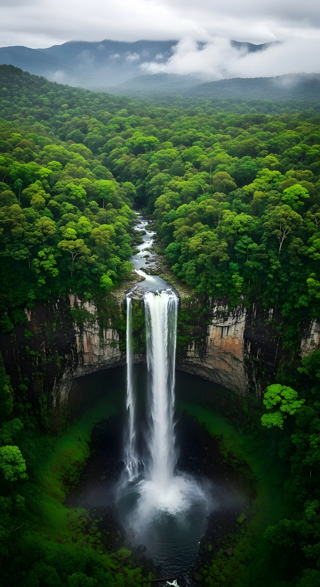 Aerial View of Majestic Waterfall in Lush Green Rainforest - Free 4K mobile Wallpaper