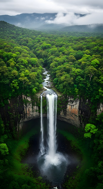 Aerial View of Majestic Waterfall in Lush Green Rainforest - Free mobile Wallpaper
