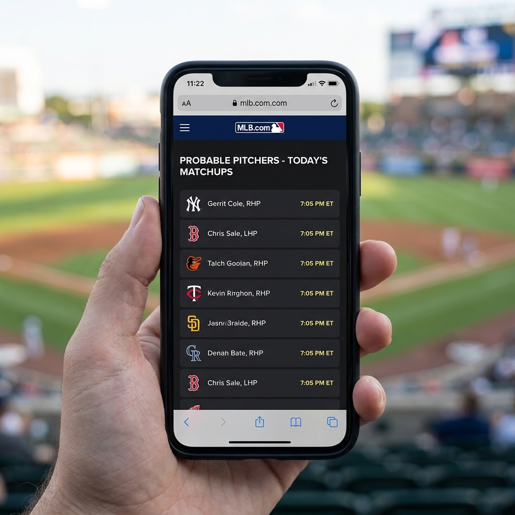 Close up of a smartphone showing mlb com probable pitchers page with a softly blurred baseball stadium background clean Funded Plays minimalist style padres phillies prediction