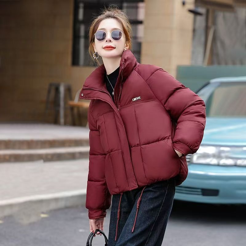 Short women's puffer jacket, stand collar, lined