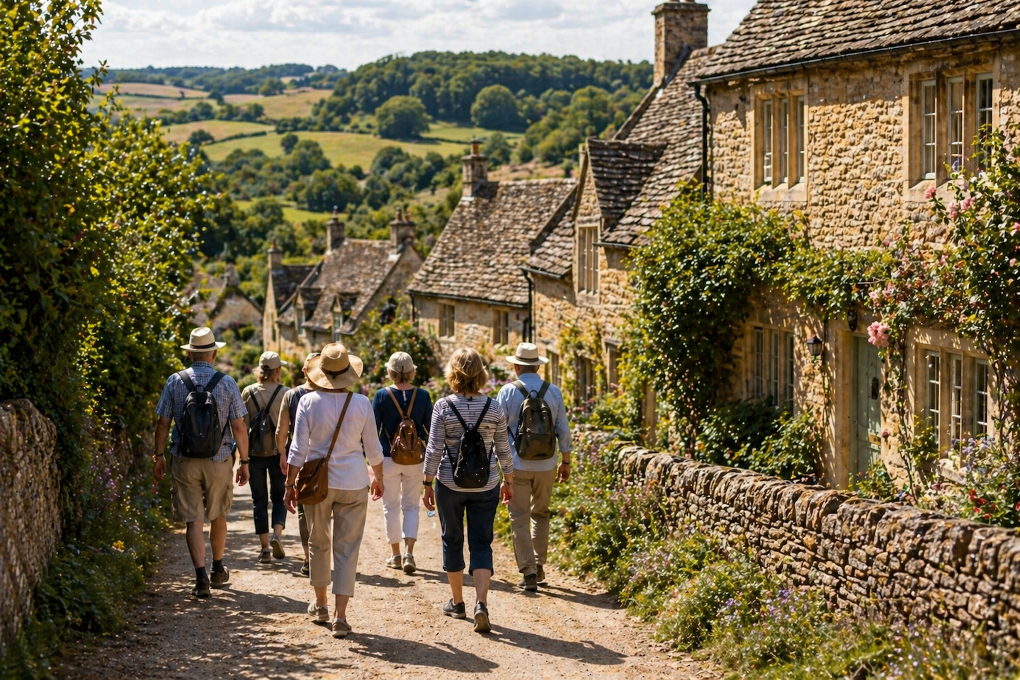 Small group walking through a Cotswolds village in England along a scenic countryside path