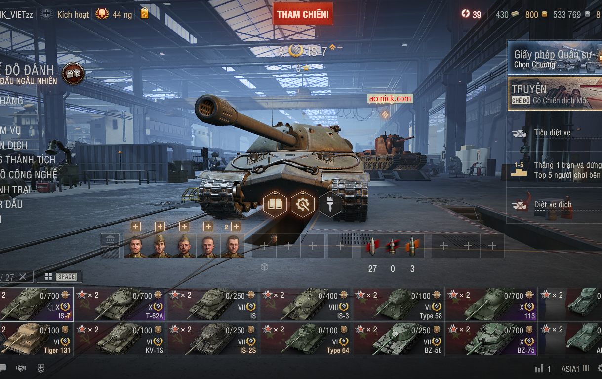 Acc World of Tanks PC sở hữu 6 tank X BZ-75, 113, IS-7, T-62...