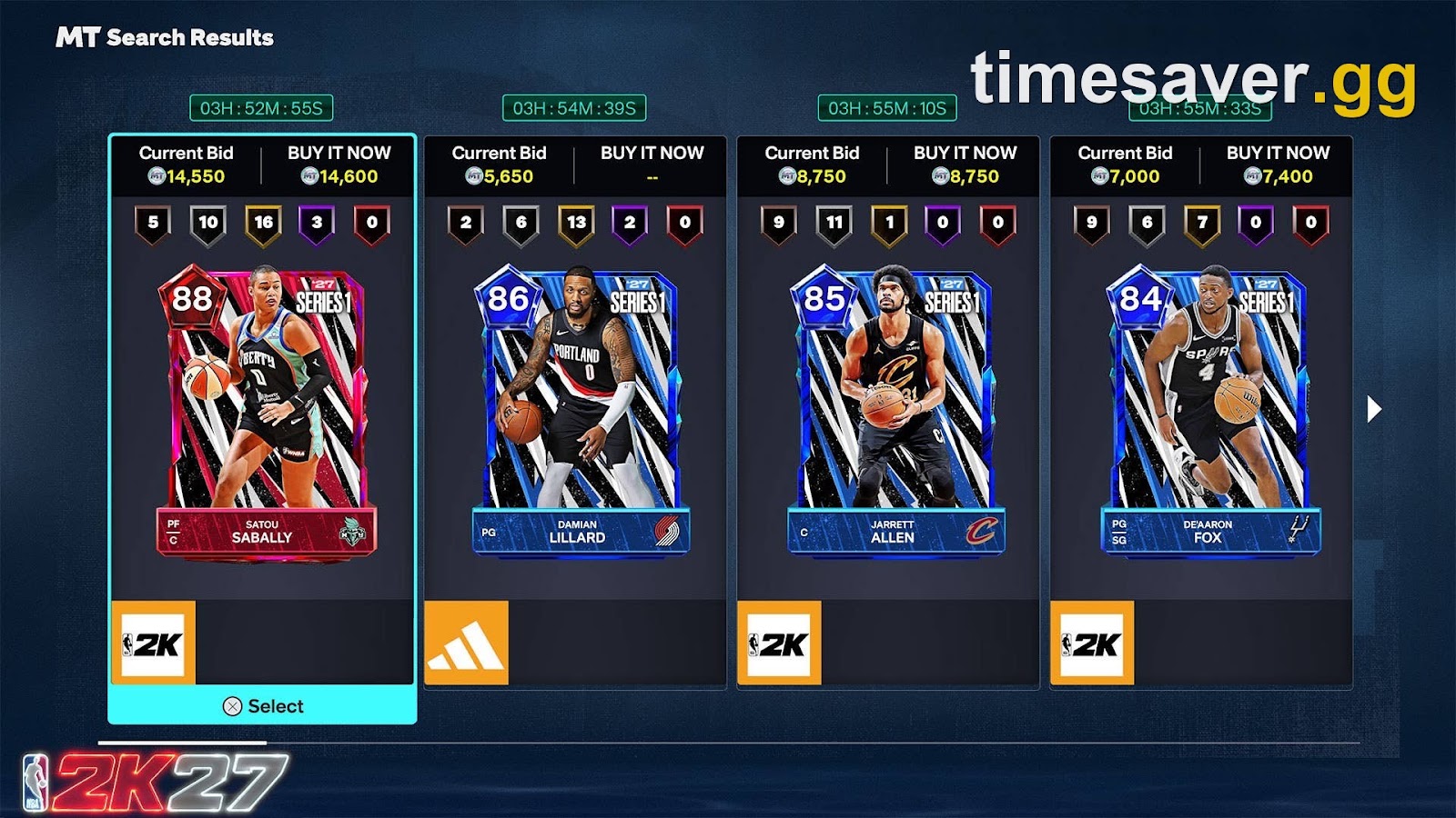 NBA 2K27 MyTEAM Auction House MT Search Results screen showing Series 1 player cards with bids, buy-now prices and auction timers