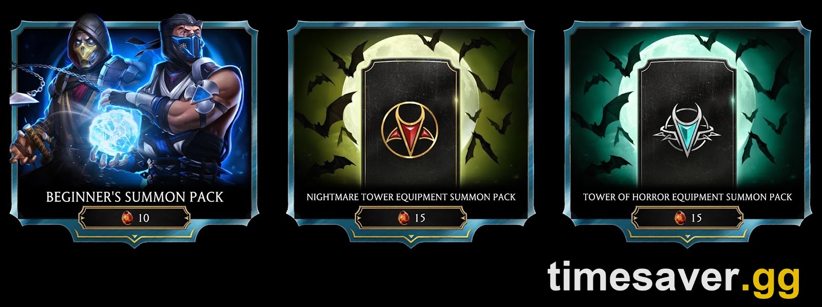 MK Mobile Beginner's Summon Pack at 10 Dragon Krystals beside Nightmare Tower and Tower of Horror Equipment Summon Packs at 15