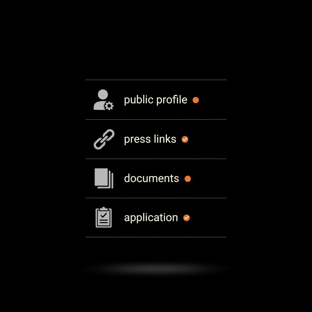 Minimal vector checklist infographic for Instagram verification showing public profile, press links, documents, and application on a black background with subtle orange accents.