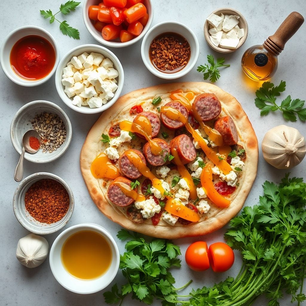 Ingredients for Spicy Hot Sausage and Feta Pizza with Honey Drizzle – Easy Homemade Weeknight Winner