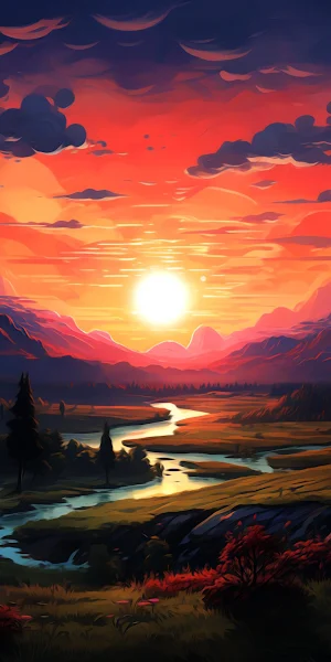 Sunset Landscape, Vibrant Nature Scene, Mountain River Art, Fantasy Scenery Full HD iPhone Wallpaper Background