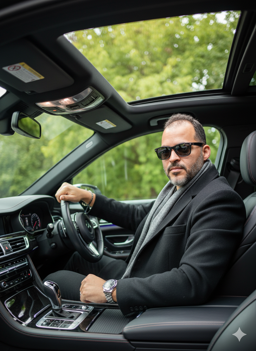 Homem rico estiloso empresario dirigindo carro chique