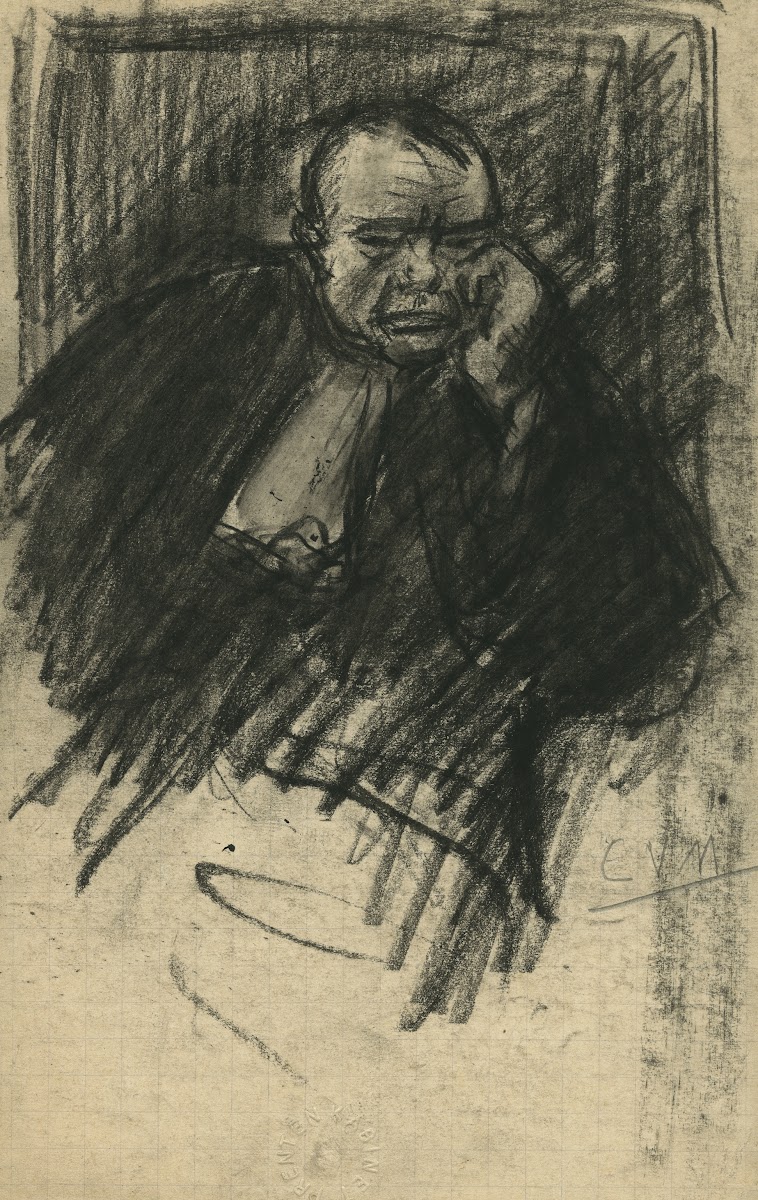 Portret van een zittende man in toga hoofd gesteund in zijn linkerhand