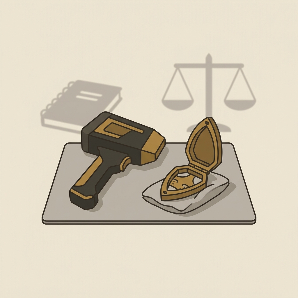 Minimalist 2D vector of a handheld XRF device beside a small medieval locket on a conservator bench with notebook and scales softly blurred