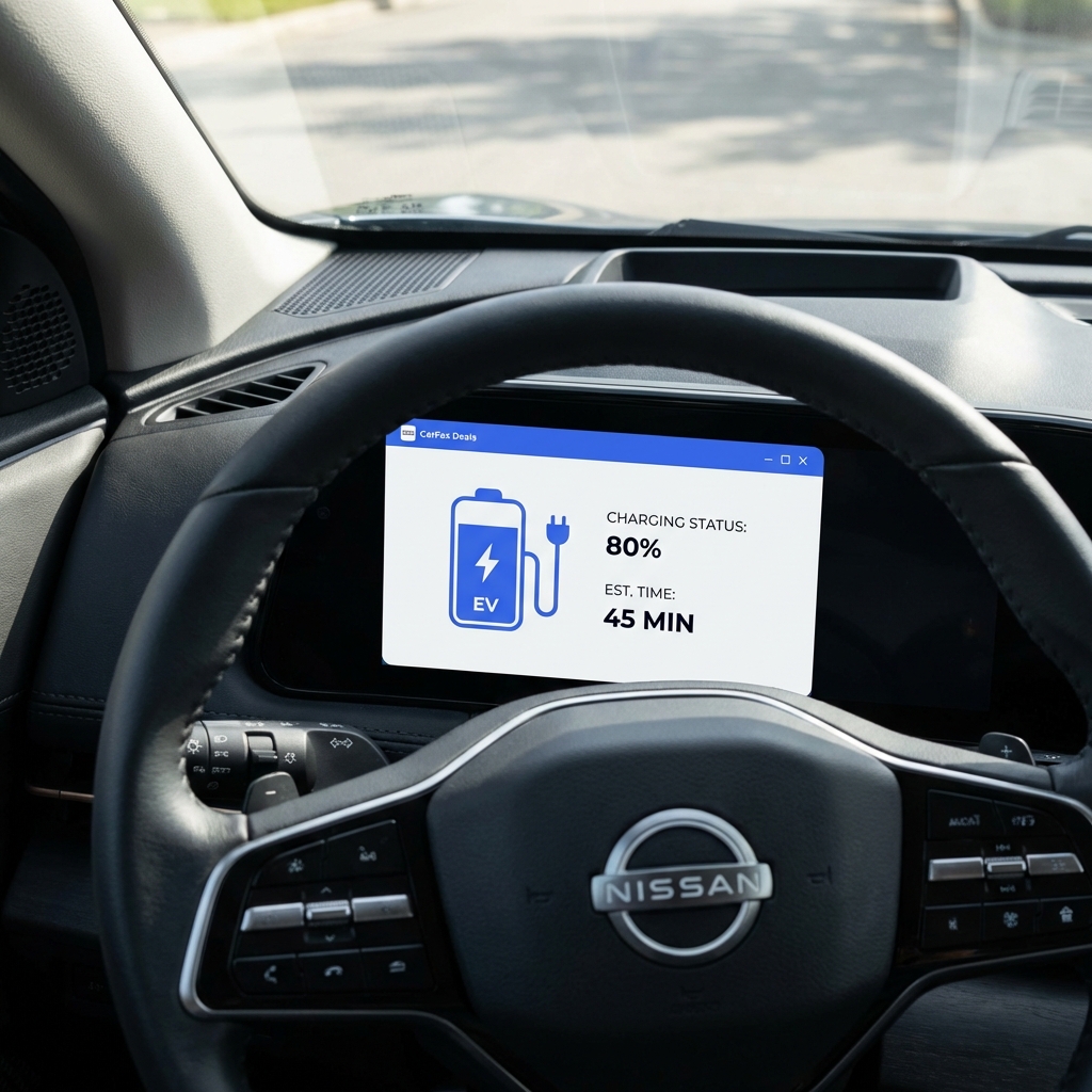 Close up photo of Nissan steering wheel and EV charging status on dashboard with CarFax Deals blue accents is nissan in trouble 2025