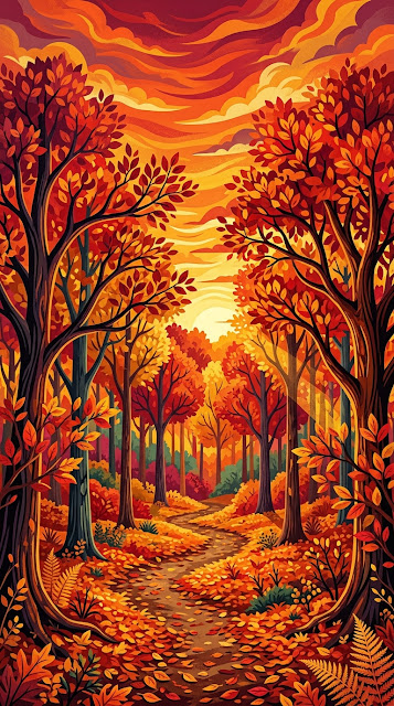 Stylized Autumn Landscape with Vibrant Red Trees and Blazing Orange Sky - Free mobile Wallpaper