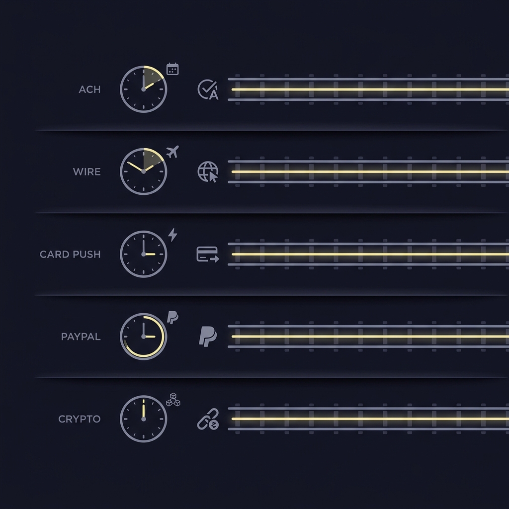 Minimalist full frame infographic of payment rails labeled ACH wire card push PayPal crypto with clocks showing different settlement speeds and icons emphasis on payment speed and support betnow phone number
