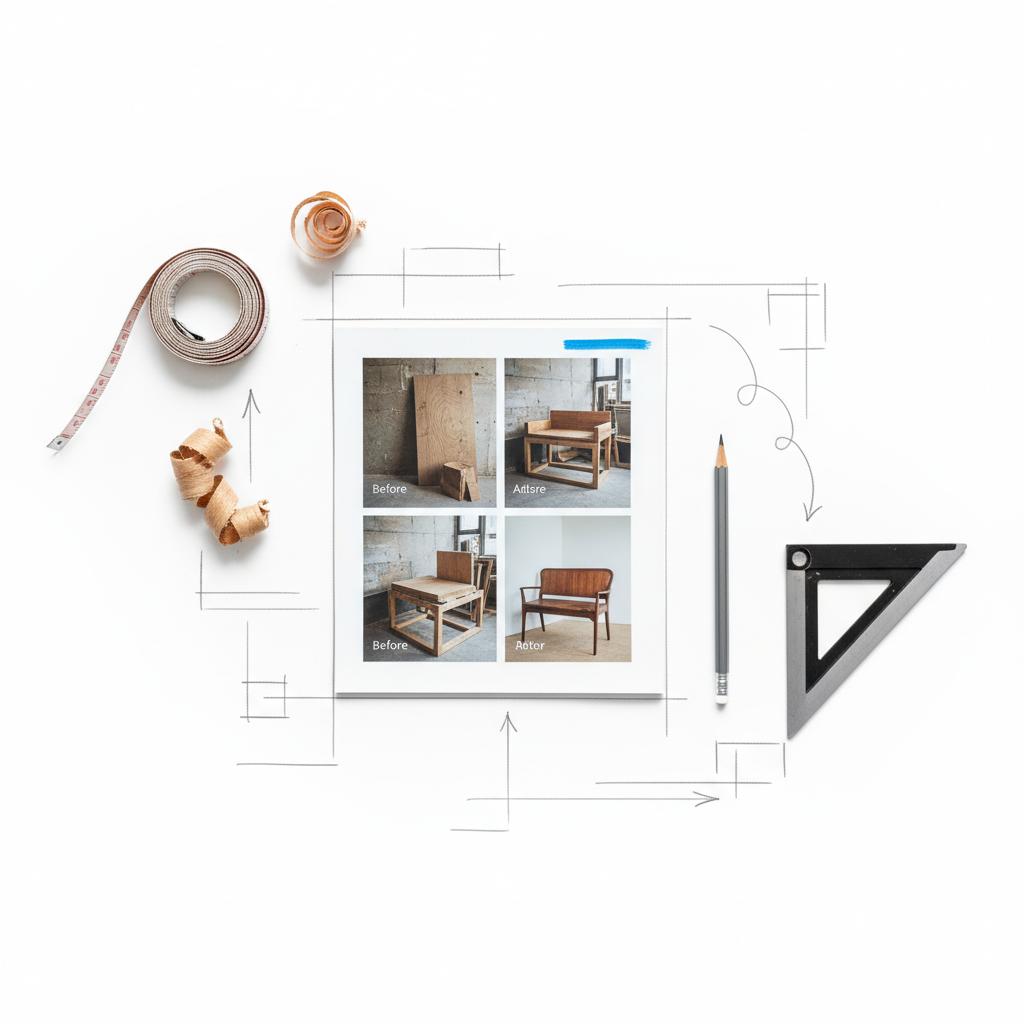 How much does Houzz cost for contractors? Close-up flat-lay of a carpenter's workspace with measuring tape, pencil, square and a printed before-and-after portfolio sheet, white background and a single blue accent.