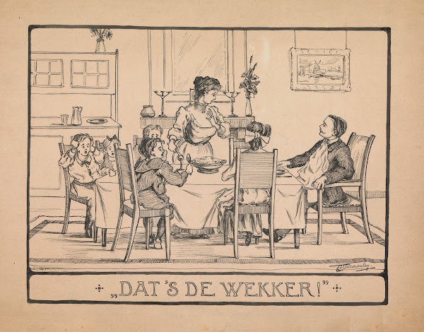 Gezin kijkt verschrikt op van het diner Dats de wekker 1930