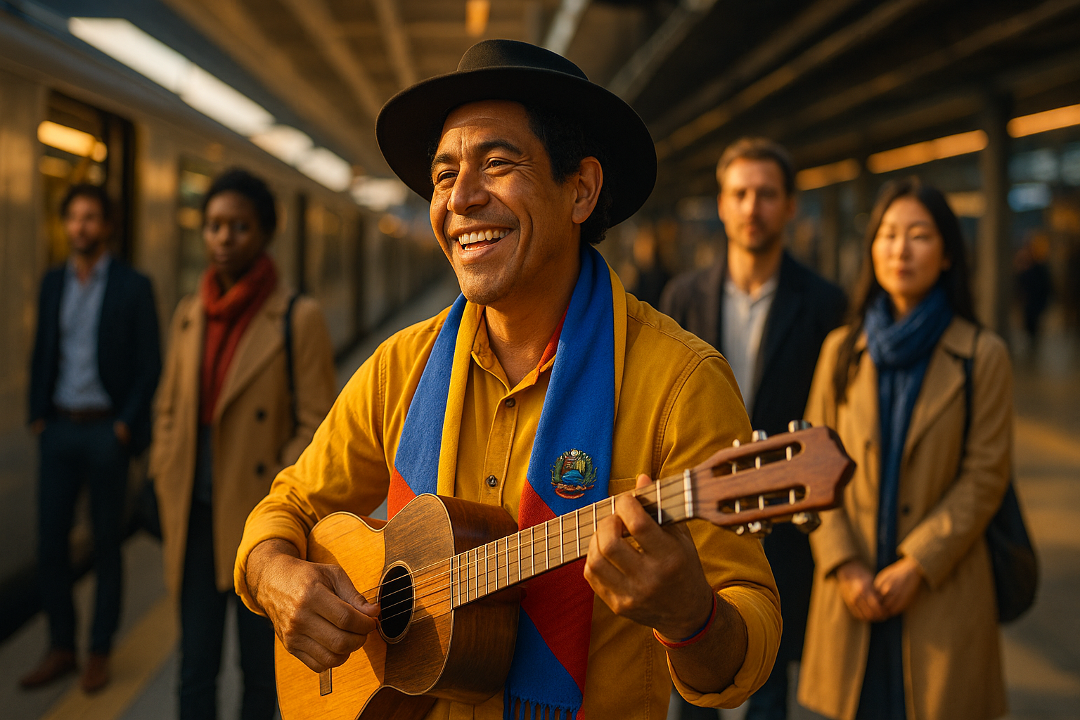 Músico venezolano tocando cuatro en una estación de metro europea, gente alrededor sonriendo