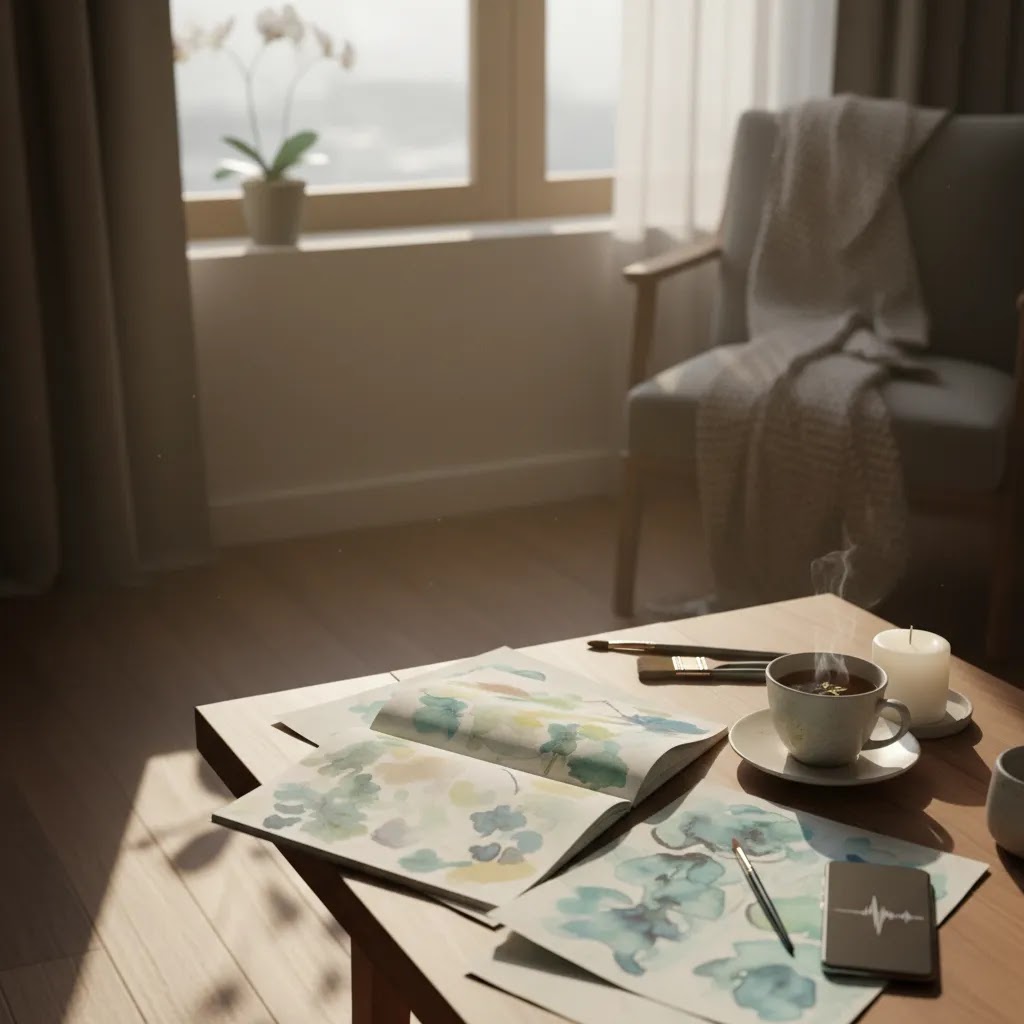 Mental wellness Singapore scene with art journaling, mindfulness setup, and mobile art therapy support