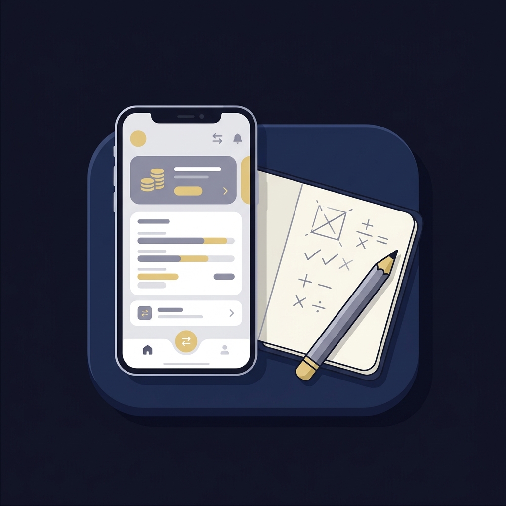 Minimalist 2D vector of a smartphone showing a parlay payout calculator beside a small notebook with hand drawn calculation marks and pencil in Funded Plays style aceodds odds converter