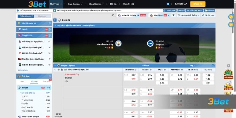 Tỷ lệ kèo Man City vs Brighton 02h30 ngày 08/01/2026