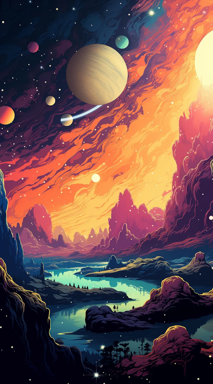 Cosmic Alien Planet Landscape - Sci-Fi Digital Art 2K iPhone Wallpaper (1632x2944)
