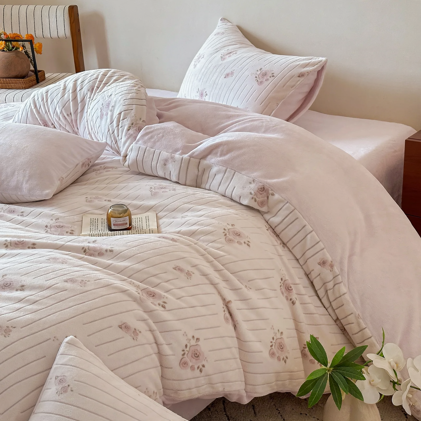 Milk fiber bedding set, 4-piece, floral pattern