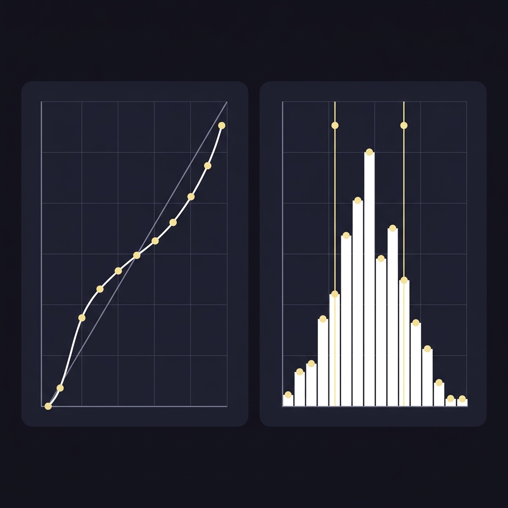 Minimalist 2D vector side by side comparison of a calibration reliability diagram and an edge distribution histogram with highlighted thresholds How to Compare Projection Models with Prop Lines