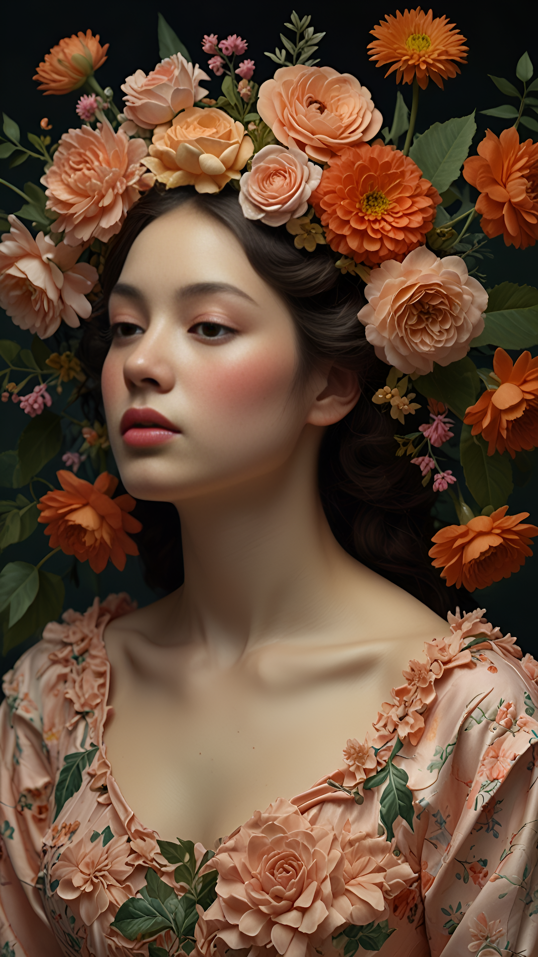 Ethereal Woman Portrait with Peach Floral Crown - Free 4K mobile Wallpaper