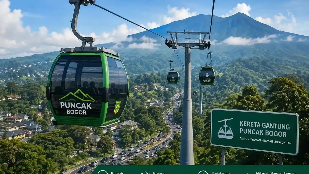 Ilustrasi kereta gantung sebagai moda transportasi modern di kawasan pegunungan.