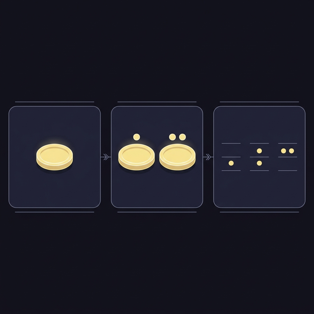 asian sportsbook 2D vector showing a stake splitting into two tokens with one dot and two dot indicators for over 0.5 and over 1.0 and simple outcome dot examples beneath