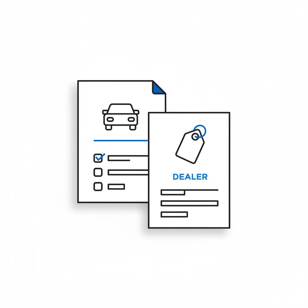 Minimalist 2D vector of two overlapping printed car documents on a white desk illustrating a vehicle history report and a dealer price sheet automotive dealers near me